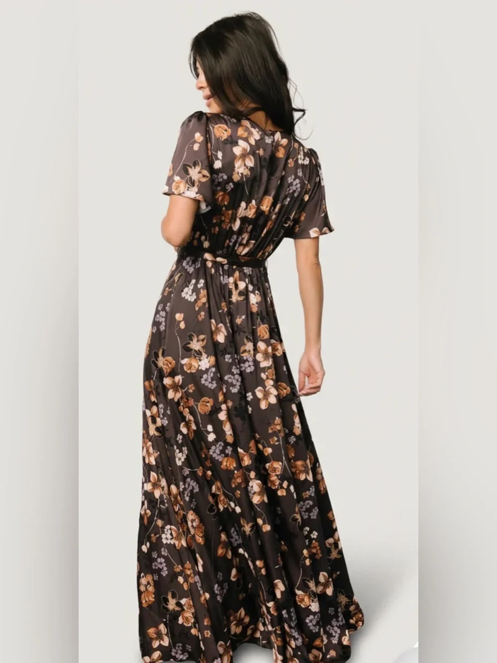 Baltic Borne Agnes satin maxi Floral Tie-Waist Maxi Dress in Dark Brown size s